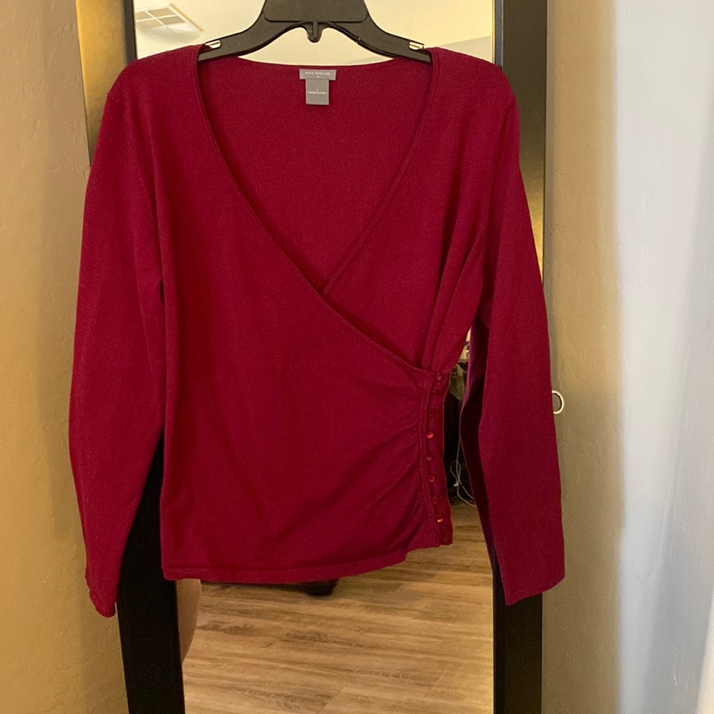 Ann Taylor fitted ruched sweater with side buttons